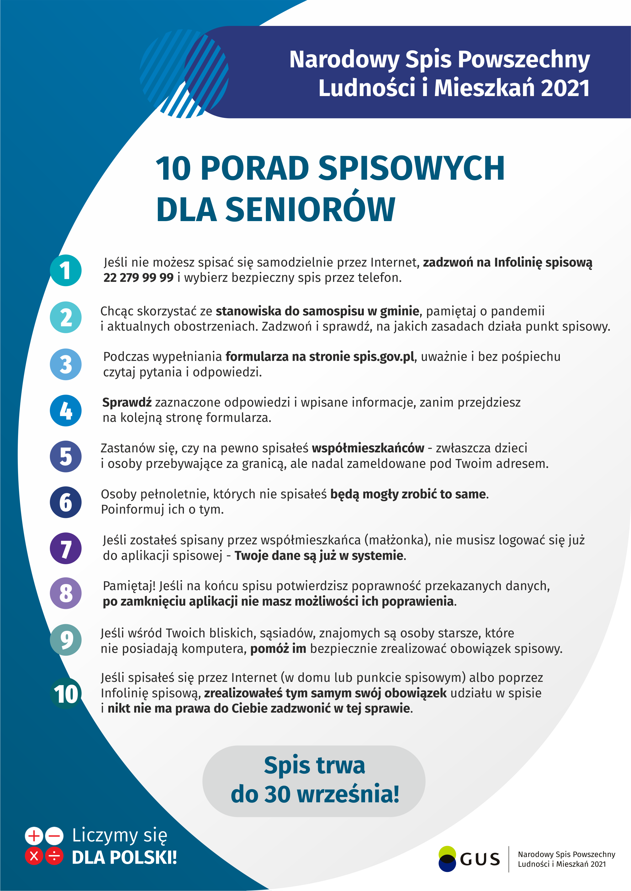 Plakat NSP 2021 opisujący 10 porad spisowych dla seniorów.