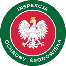 Na grafice jest napis: Inspekcja Ochrony Środowiska napisana po okręgu białymi literami na zielonym tle. W środku koła czerwone tło a na nim Biały orzeł w złotej koronie - godło Polski.